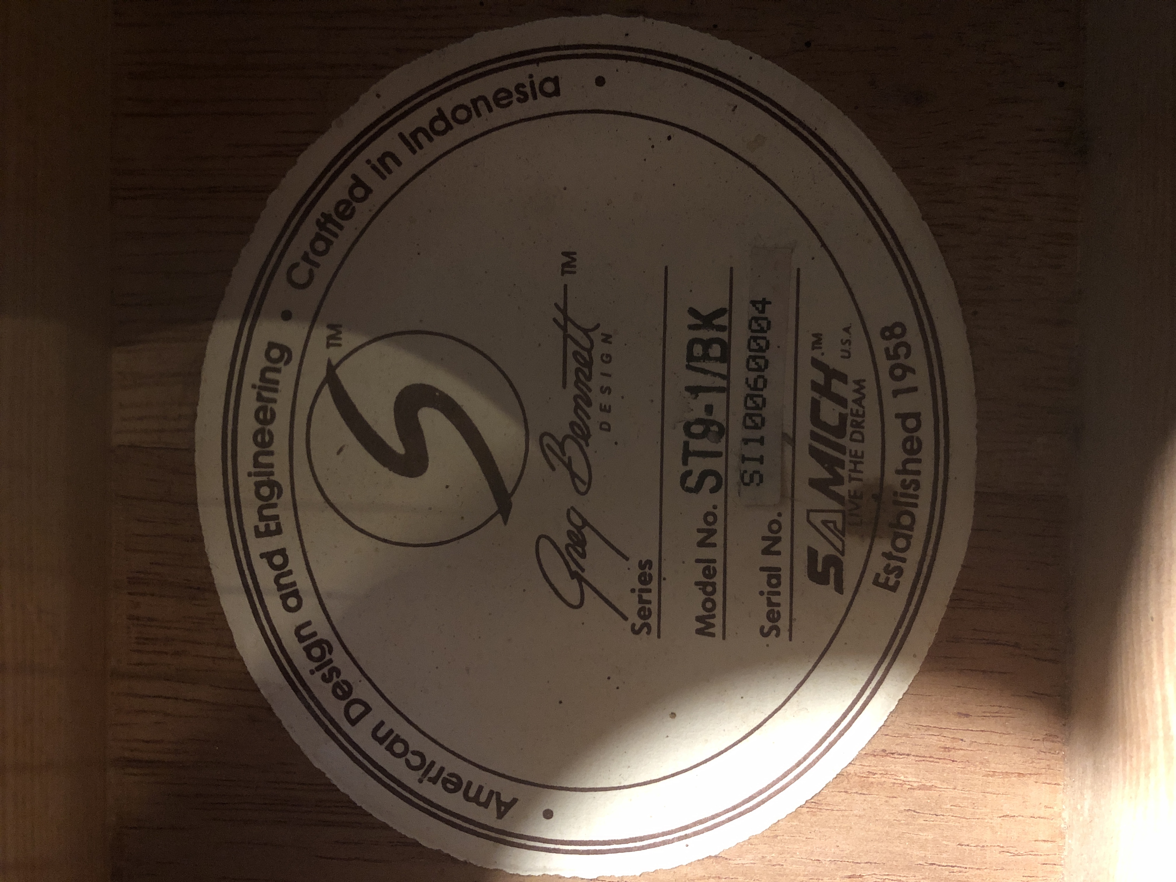 label, logo inside the guitar's sound hole